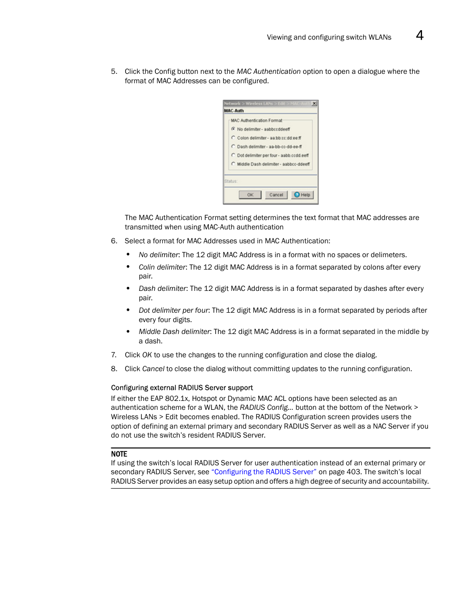 Configuring external radius server support, Configuring, External radius server support | Brocade Mobility RFS7000-GR Controller System Reference Guide (Supporting software release 4.1.0.0-040GR and later) User Manual | Page 131 / 556