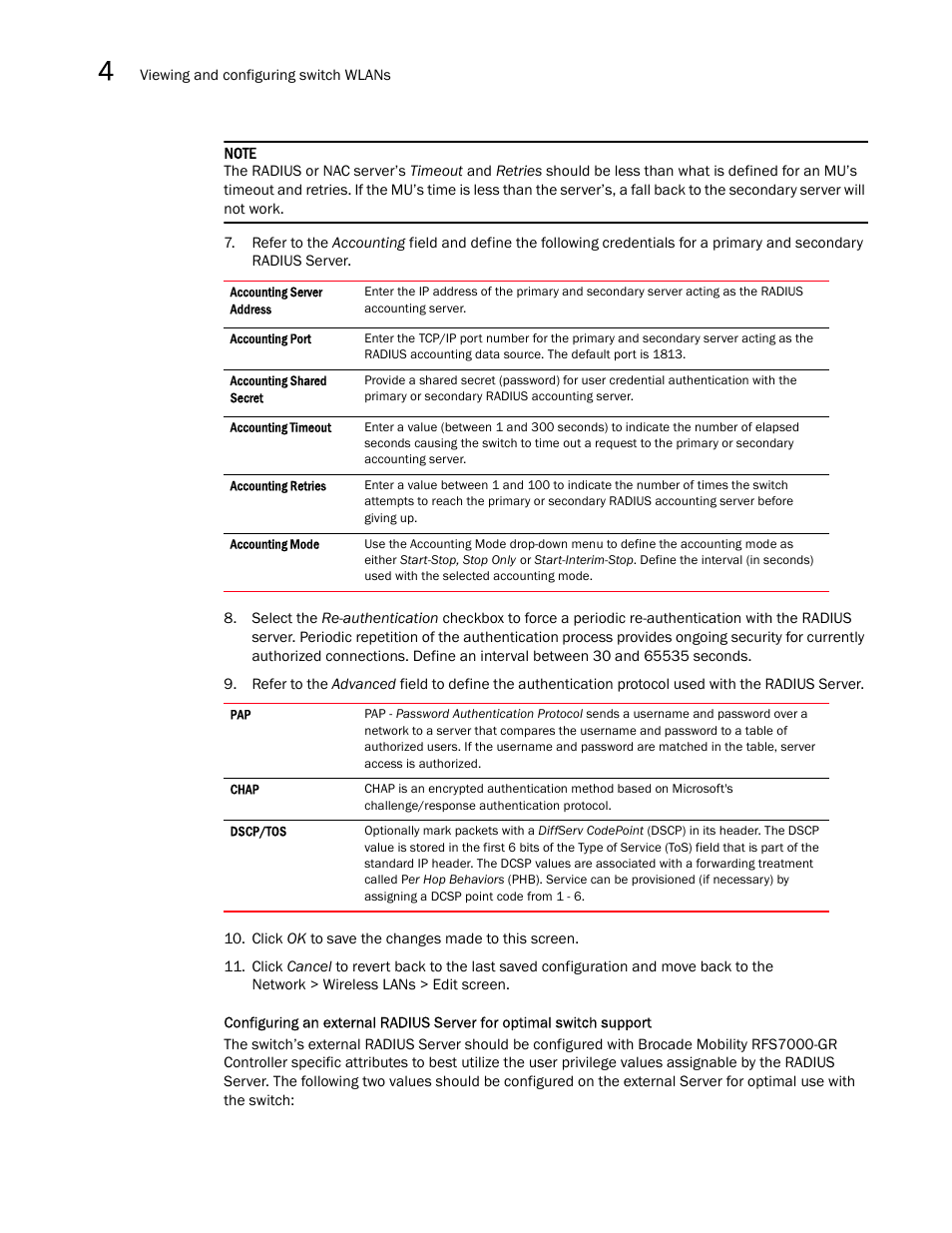 Configuring an external, Radius server for optimal switch support | Brocade Mobility RFS7000-GR Controller System Reference Guide (Supporting software release 4.1.0.0-040GR and later) User Manual | Page 134 / 556