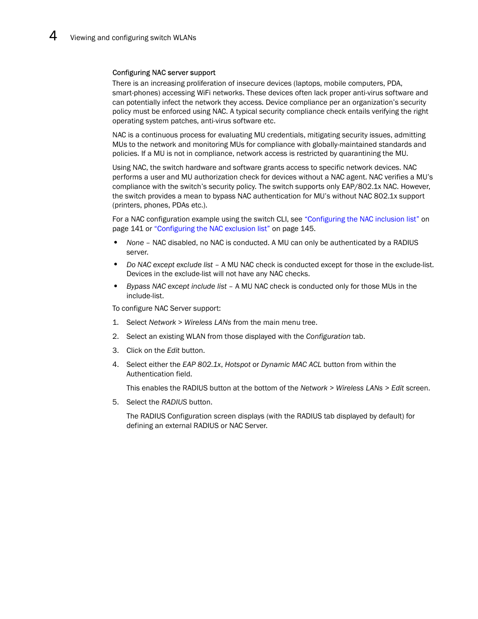 Configuring nac server support | Brocade Mobility RFS7000-GR Controller System Reference Guide (Supporting software release 4.1.0.0-040GR and later) User Manual | Page 136 / 556