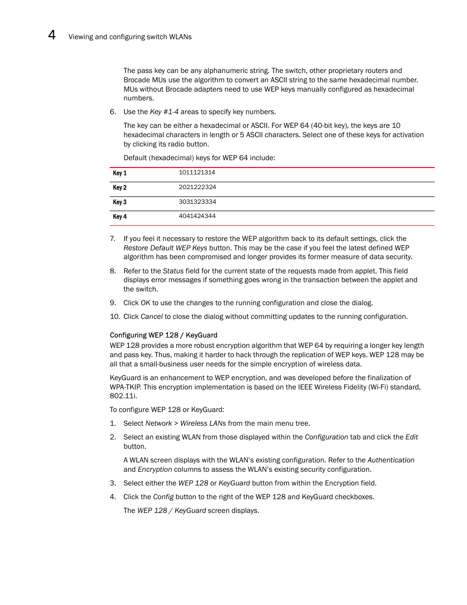 Configuring wep 128 / keyguard, Configuring wep 128, Keyguard | Brocade Mobility RFS7000-GR Controller System Reference Guide (Supporting software release 4.1.0.0-040GR and later) User Manual | Page 140 / 556