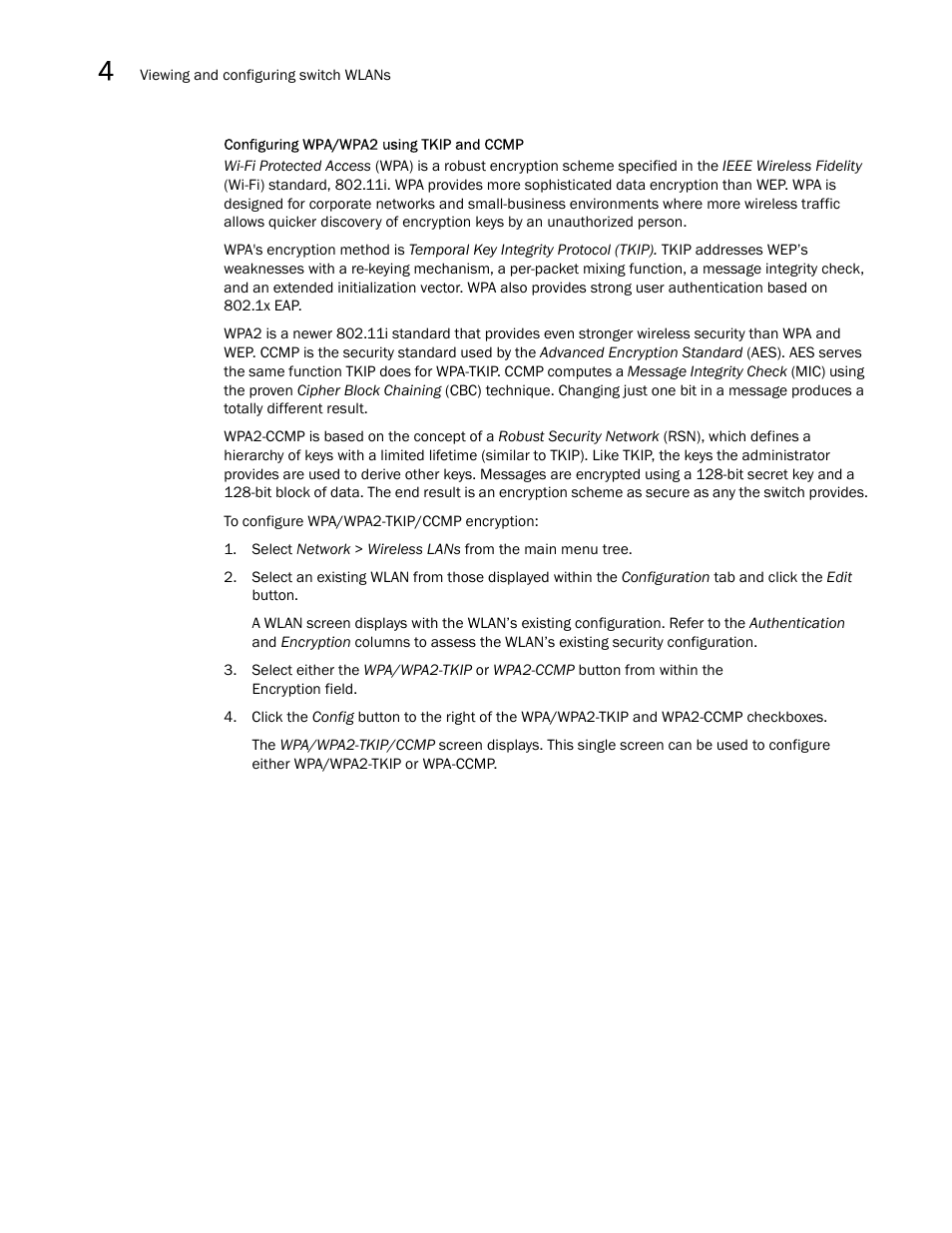 Configuring wpa/wpa2 using, Tkip and ccmp, Configuring wpa/wpa2 using tkip and ccmp | Brocade Mobility RFS7000-GR Controller System Reference Guide (Supporting software release 4.1.0.0-040GR and later) User Manual | Page 142 / 556