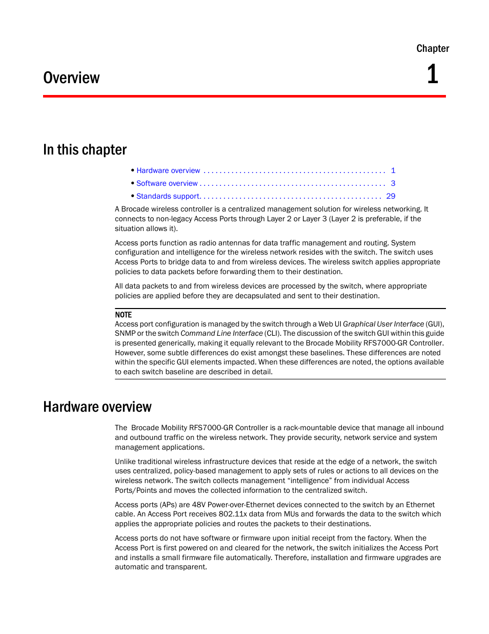 Overview, In this chapter, Hardware overview | 1 overview, In this chapter hardware overview | Brocade Mobility RFS7000-GR Controller System Reference Guide (Supporting software release 4.1.0.0-040GR and later) User Manual | Page 15 / 556