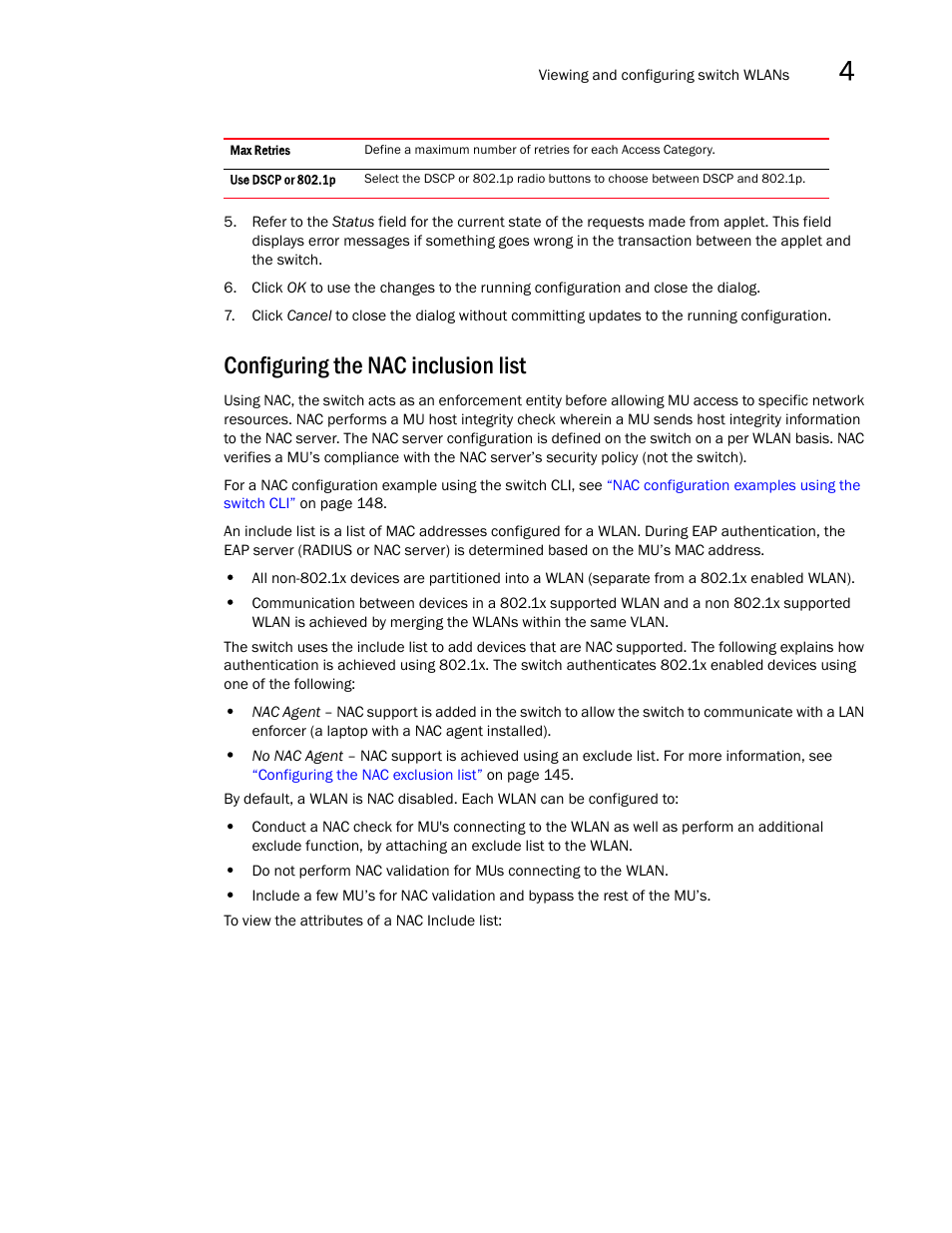 Configuring the nac inclusion list | Brocade Mobility RFS7000-GR Controller System Reference Guide (Supporting software release 4.1.0.0-040GR and later) User Manual | Page 155 / 556