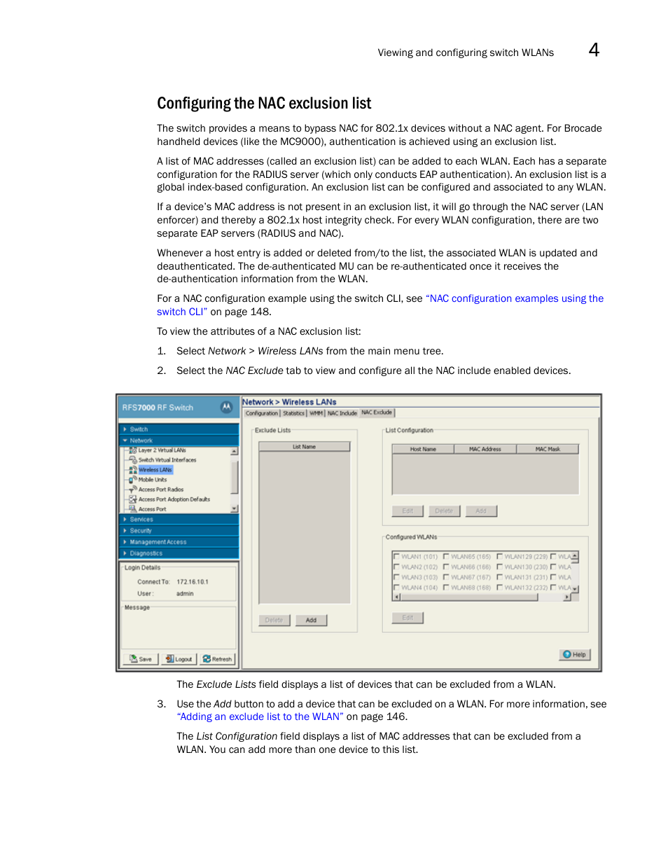 Configuring the nac exclusion list, Configuring the, Nac exclusion list | Brocade Mobility RFS7000-GR Controller System Reference Guide (Supporting software release 4.1.0.0-040GR and later) User Manual | Page 159 / 556