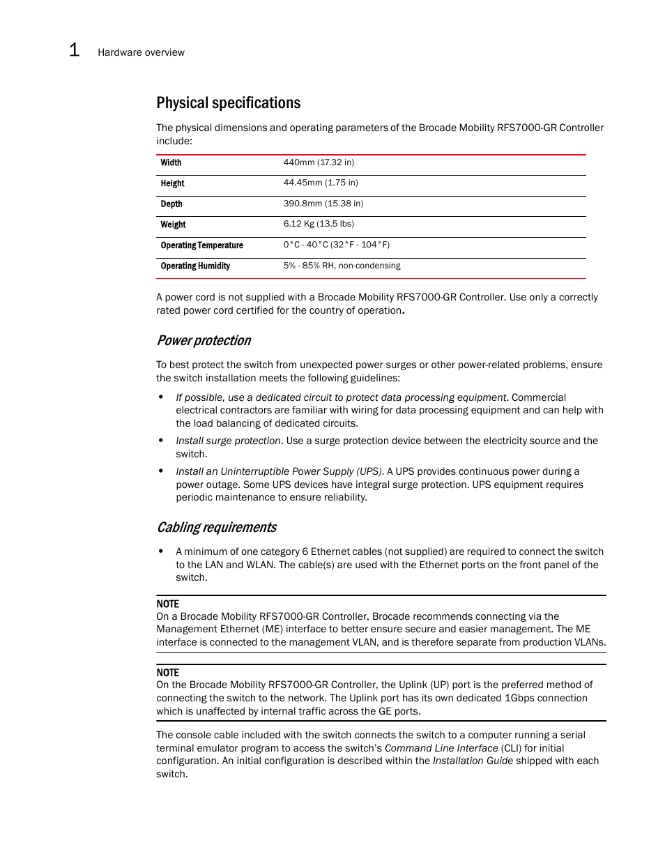 Physical specifications, Power protection, Cabling requirements | Brocade Mobility RFS7000-GR Controller System Reference Guide (Supporting software release 4.1.0.0-040GR and later) User Manual | Page 16 / 556