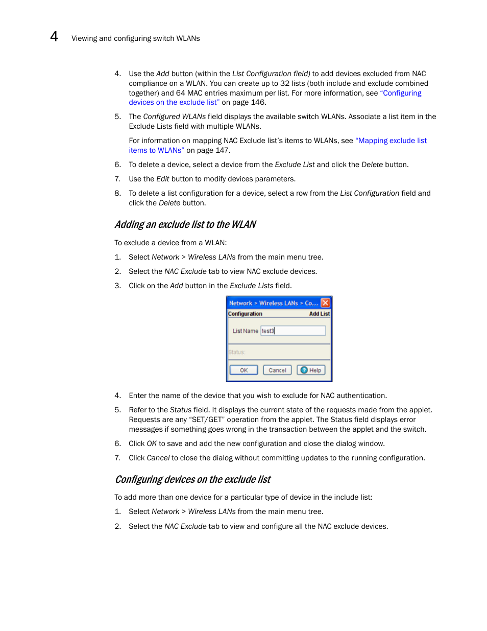 Adding an exclude list to the wlan, Configuring devices on the exclude list | Brocade Mobility RFS7000-GR Controller System Reference Guide (Supporting software release 4.1.0.0-040GR and later) User Manual | Page 160 / 556