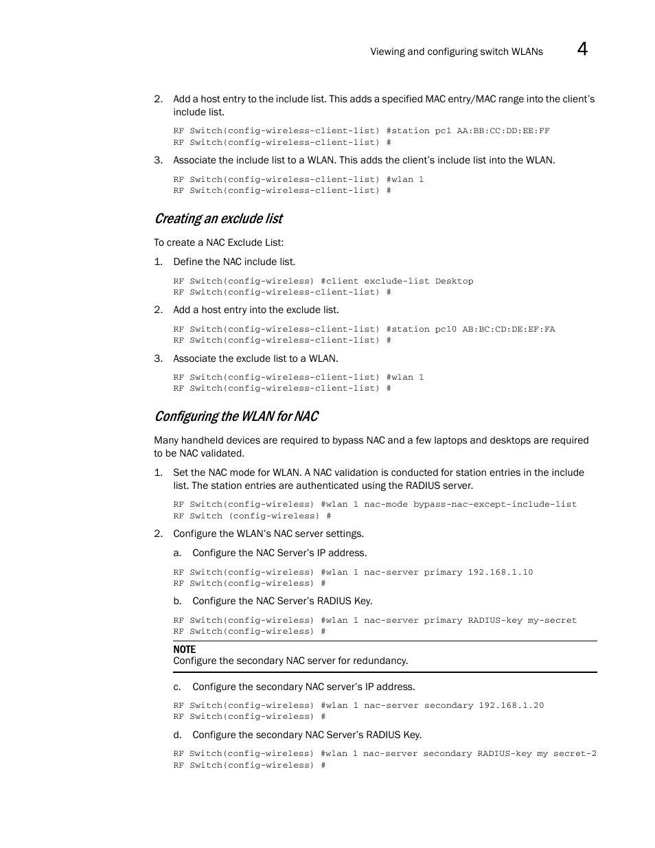 Creating an exclude list, Configuring the wlan for nac | Brocade Mobility RFS7000-GR Controller System Reference Guide (Supporting software release 4.1.0.0-040GR and later) User Manual | Page 163 / 556