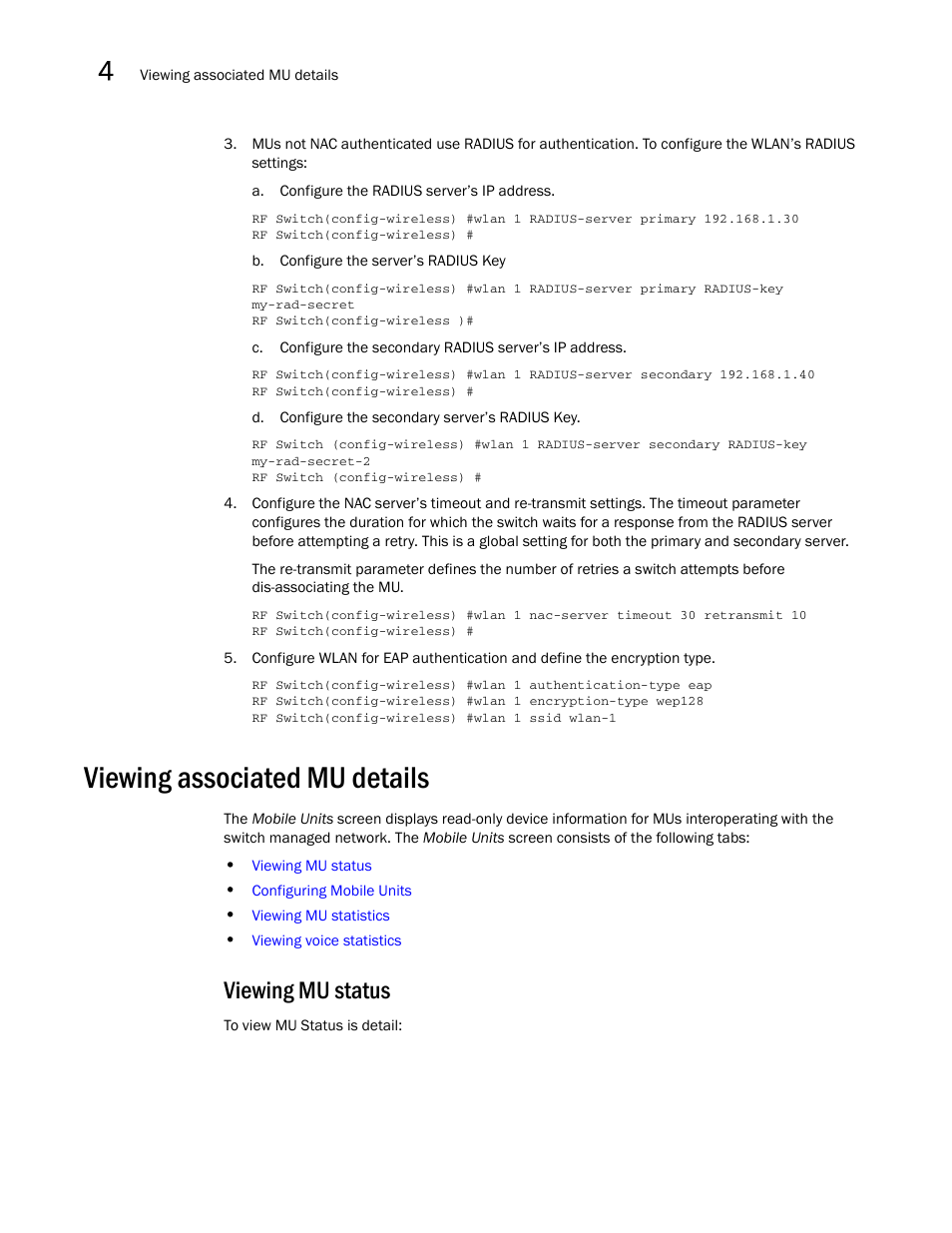 Viewing associated mu details, Viewing mu status, N, see | Viewing, Associated mu details | Brocade Mobility RFS7000-GR Controller System Reference Guide (Supporting software release 4.1.0.0-040GR and later) User Manual | Page 164 / 556