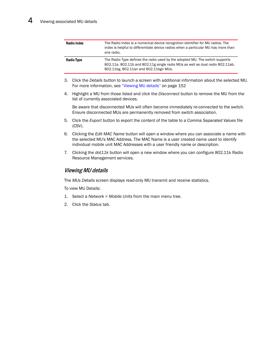 Viewing mu details | Brocade Mobility RFS7000-GR Controller System Reference Guide (Supporting software release 4.1.0.0-040GR and later) User Manual | Page 166 / 556