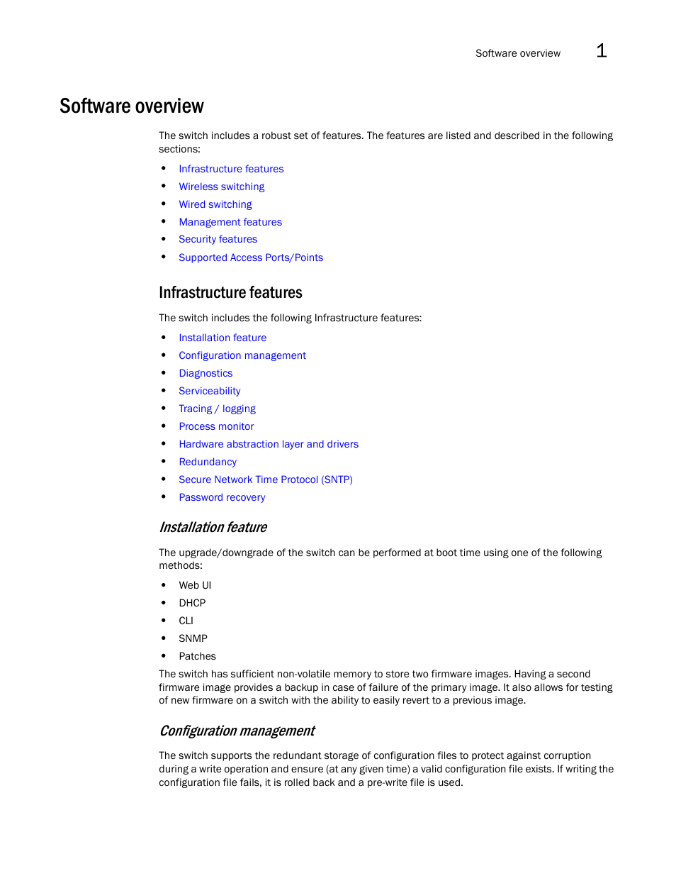 Software overview, Infrastructure features, Installation feature | Configuration management | Brocade Mobility RFS7000-GR Controller System Reference Guide (Supporting software release 4.1.0.0-040GR and later) User Manual | Page 17 / 556