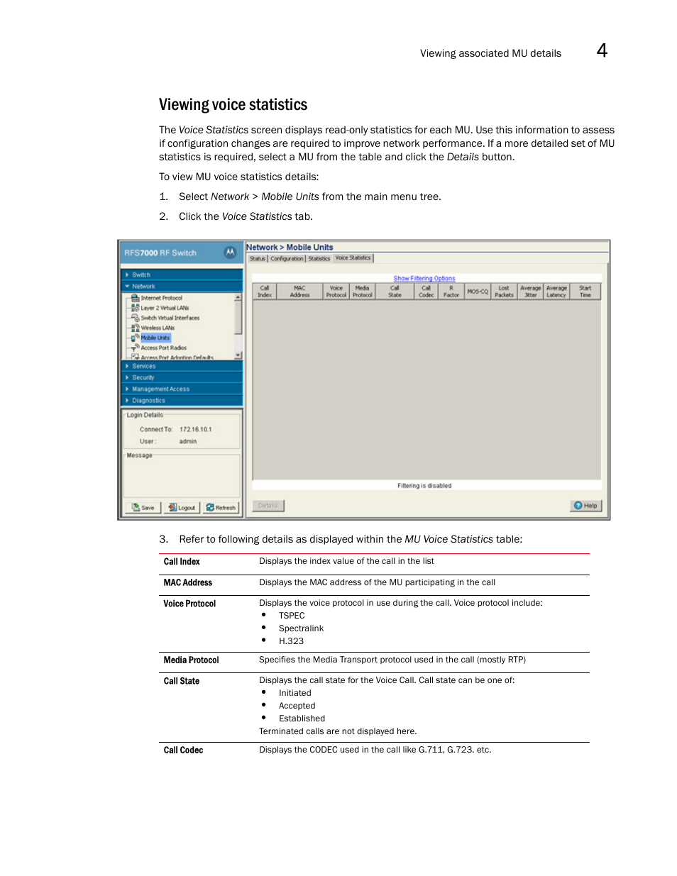 Viewing voice statistics | Brocade Mobility RFS7000-GR Controller System Reference Guide (Supporting software release 4.1.0.0-040GR and later) User Manual | Page 175 / 556