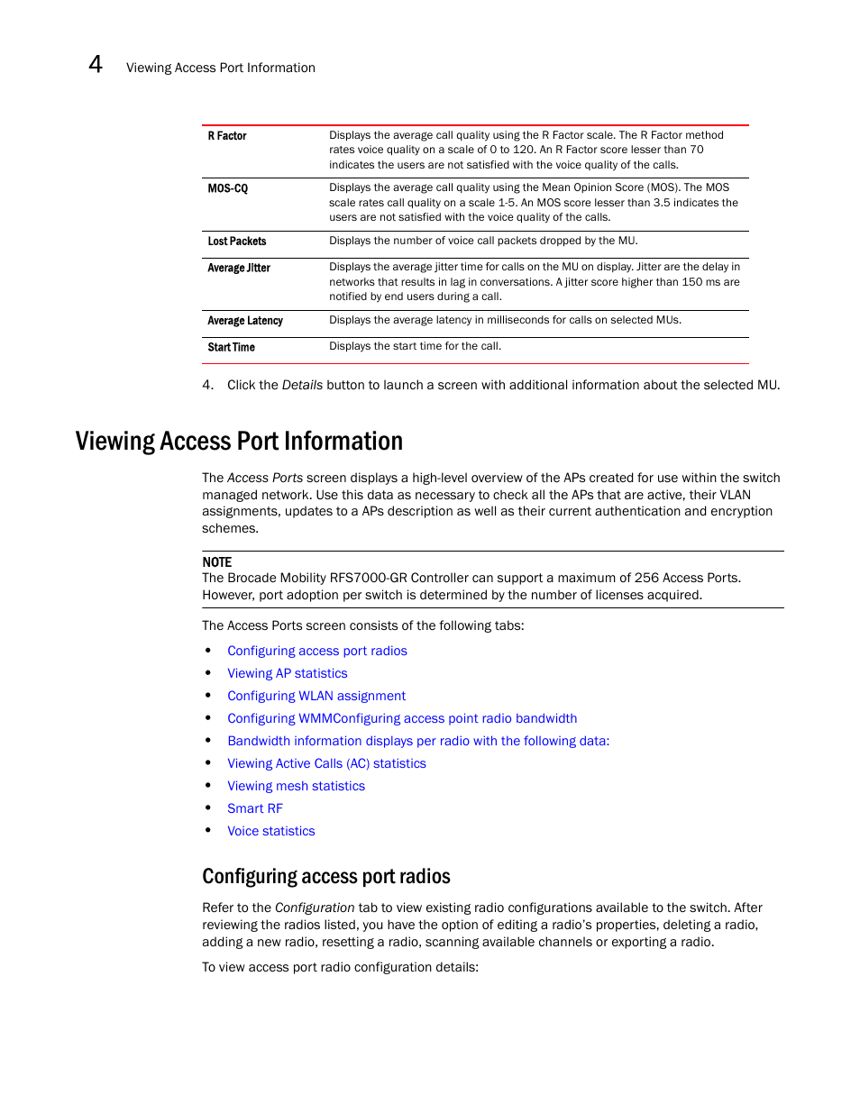 Viewing access port information, Configuring access port radios, Viewing | Access port information | Brocade Mobility RFS7000-GR Controller System Reference Guide (Supporting software release 4.1.0.0-040GR and later) User Manual | Page 176 / 556