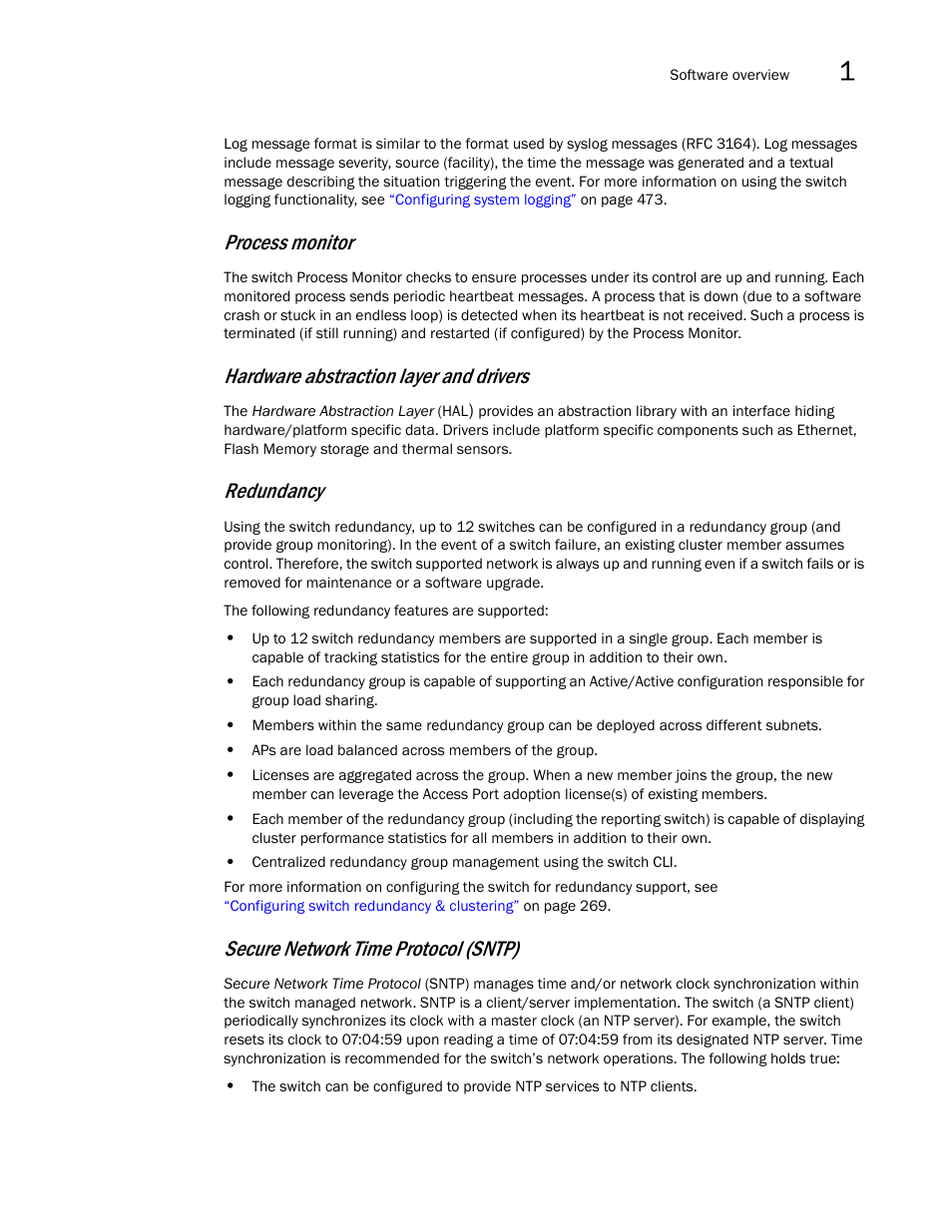 Process monitor, Hardware abstraction layer and drivers, Redundancy | Secure network time protocol (sntp) | Brocade Mobility RFS7000-GR Controller System Reference Guide (Supporting software release 4.1.0.0-040GR and later) User Manual | Page 19 / 556