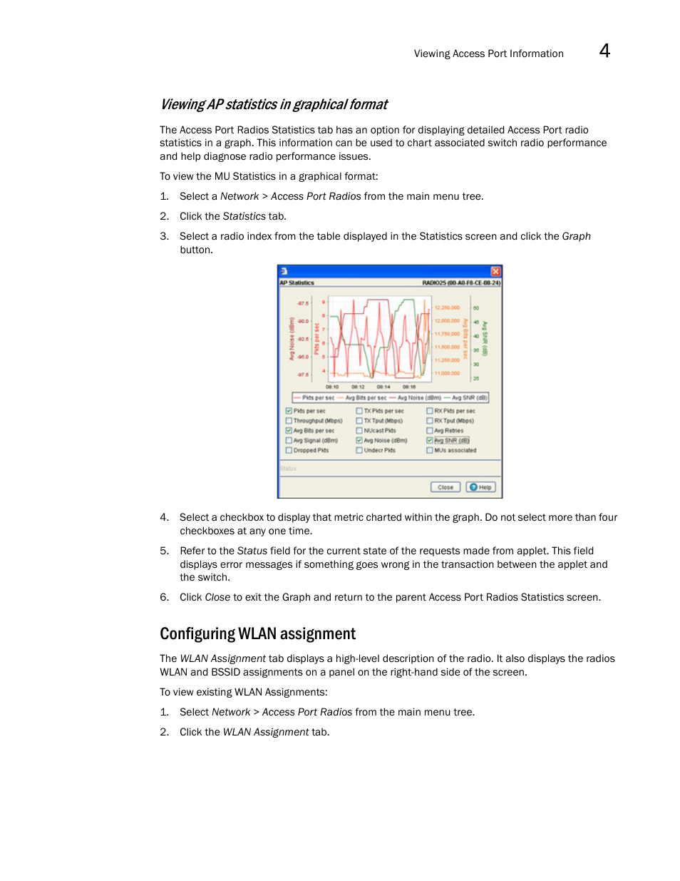 Configuring wlan assignment, Viewing ap statistics in graphical format | Brocade Mobility RFS7000-GR Controller System Reference Guide (Supporting software release 4.1.0.0-040GR and later) User Manual | Page 193 / 556