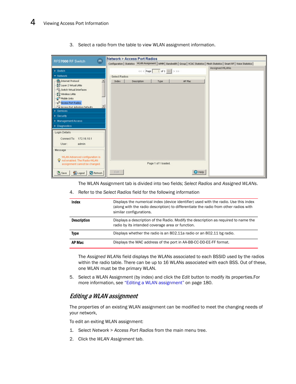 Editing a wlan assignment | Brocade Mobility RFS7000-GR Controller System Reference Guide (Supporting software release 4.1.0.0-040GR and later) User Manual | Page 194 / 556