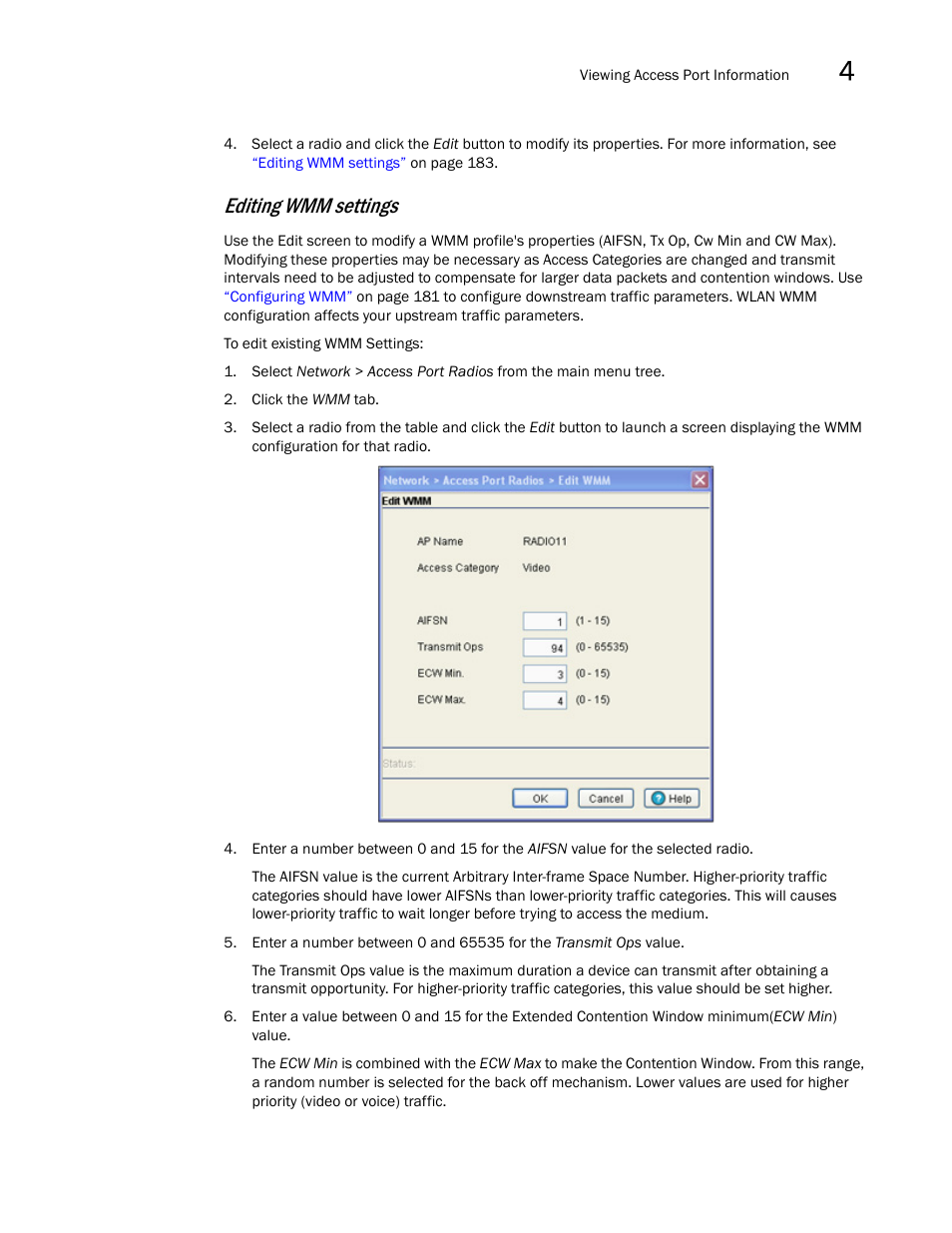 Editing wmm settings | Brocade Mobility RFS7000-GR Controller System Reference Guide (Supporting software release 4.1.0.0-040GR and later) User Manual | Page 197 / 556