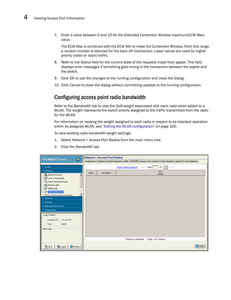 Configuring access point radio bandwidth | Brocade Mobility RFS7000-GR Controller System Reference Guide (Supporting software release 4.1.0.0-040GR and later) User Manual | Page 198 / 556