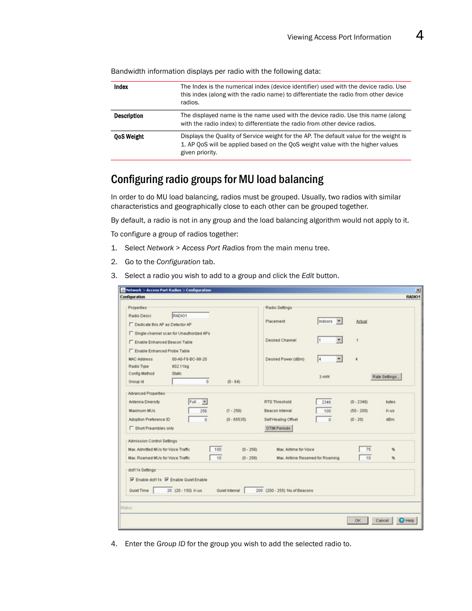 Configuring radio groups for mu load balancing, Bandwidth information displays per, Radio with the following data | Brocade Mobility RFS7000-GR Controller System Reference Guide (Supporting software release 4.1.0.0-040GR and later) User Manual | Page 199 / 556