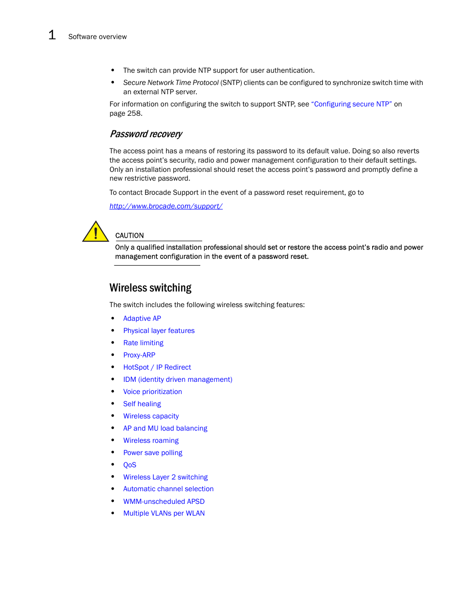 Wireless switching, Password recovery | Brocade Mobility RFS7000-GR Controller System Reference Guide (Supporting software release 4.1.0.0-040GR and later) User Manual | Page 20 / 556