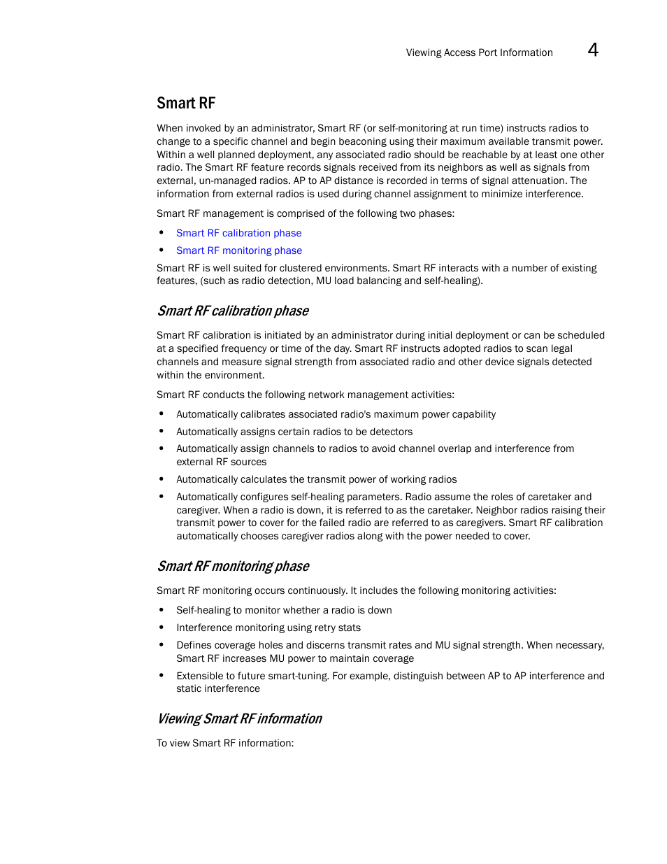 Smart rf, Smart rf calibration phase, Smart rf monitoring phase | Viewing smart rf information | Brocade Mobility RFS7000-GR Controller System Reference Guide (Supporting software release 4.1.0.0-040GR and later) User Manual | Page 203 / 556