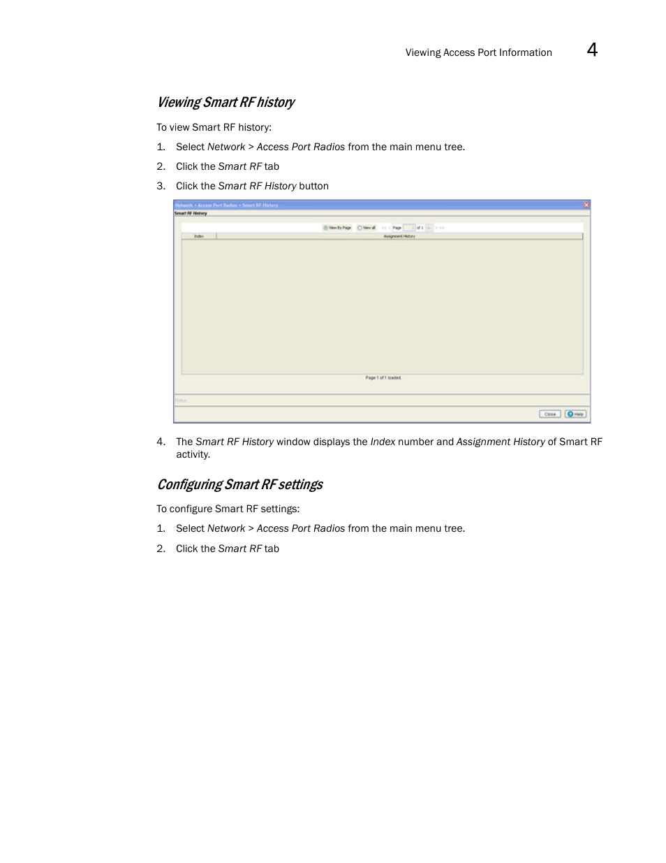 Viewing smart rf history, Configuring smart rf settings | Brocade Mobility RFS7000-GR Controller System Reference Guide (Supporting software release 4.1.0.0-040GR and later) User Manual | Page 209 / 556