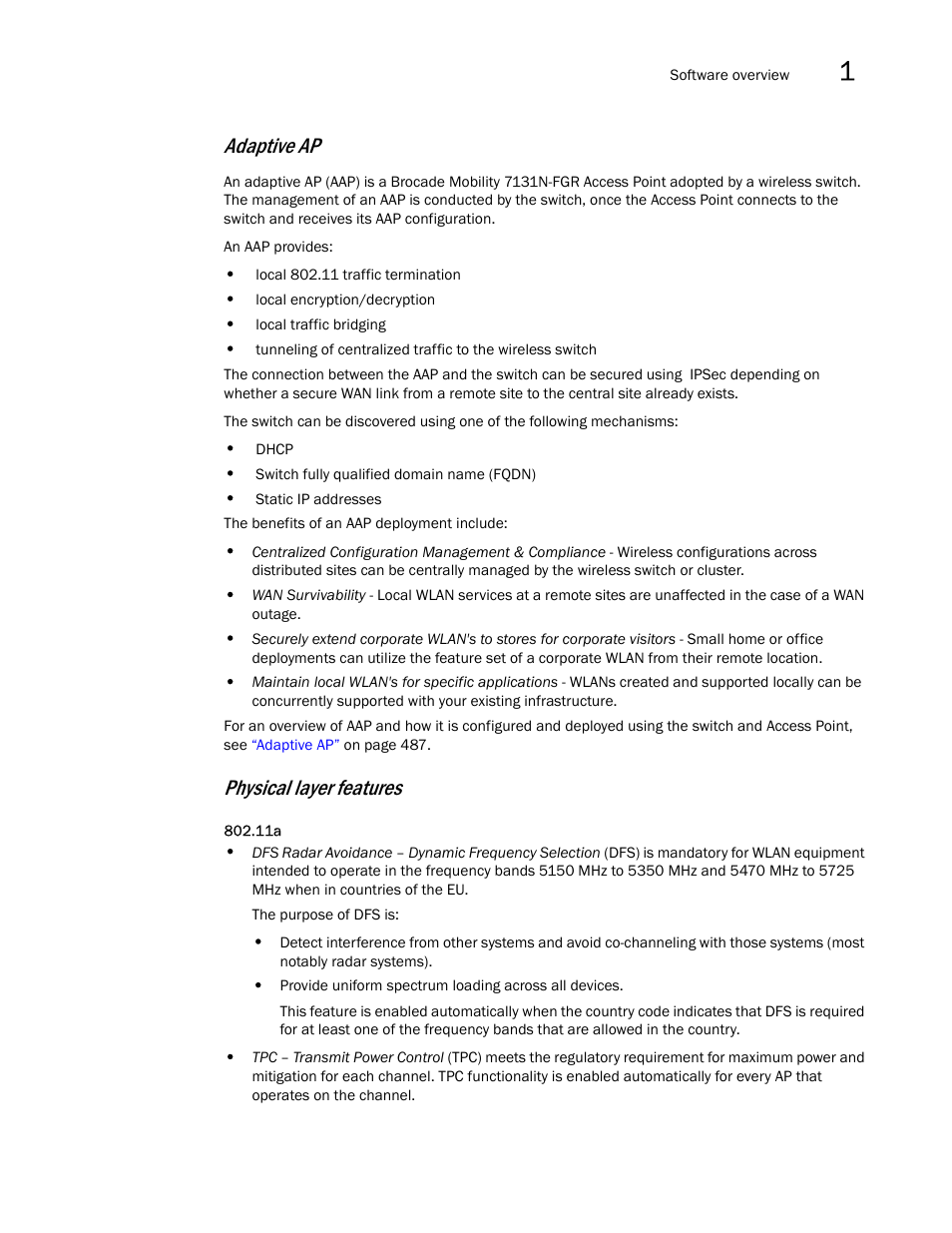 Adaptive ap, Physical layer features | Brocade Mobility RFS7000-GR Controller System Reference Guide (Supporting software release 4.1.0.0-040GR and later) User Manual | Page 21 / 556