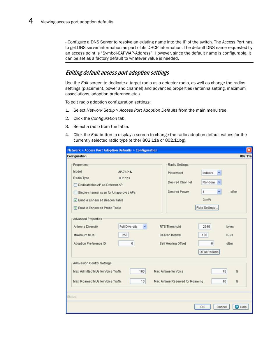 Editing default access port adoption settings | Brocade Mobility RFS7000-GR Controller System Reference Guide (Supporting software release 4.1.0.0-040GR and later) User Manual | Page 216 / 556