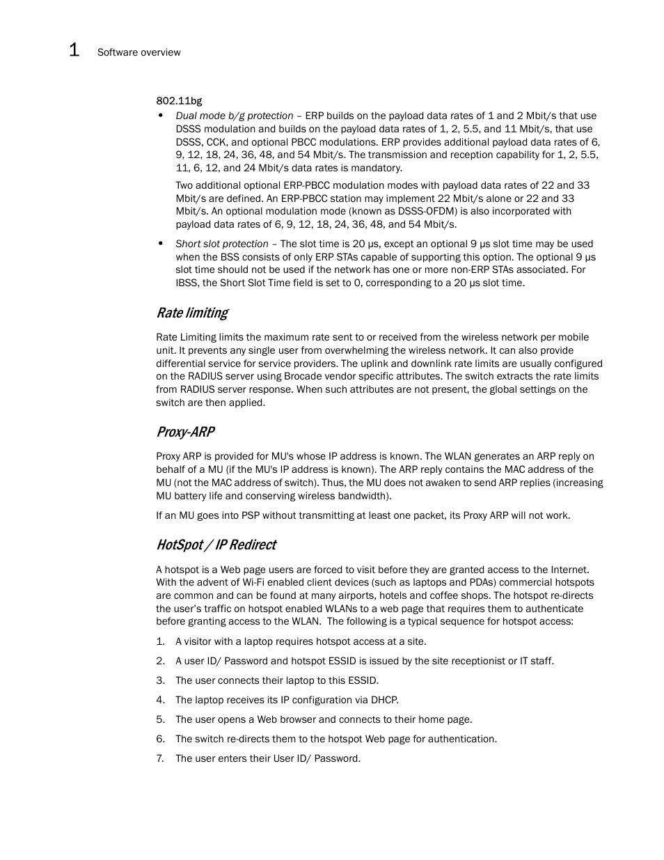 Rate limiting, Proxy-arp, Hotspot / ip redirect | Brocade Mobility RFS7000-GR Controller System Reference Guide (Supporting software release 4.1.0.0-040GR and later) User Manual | Page 22 / 556