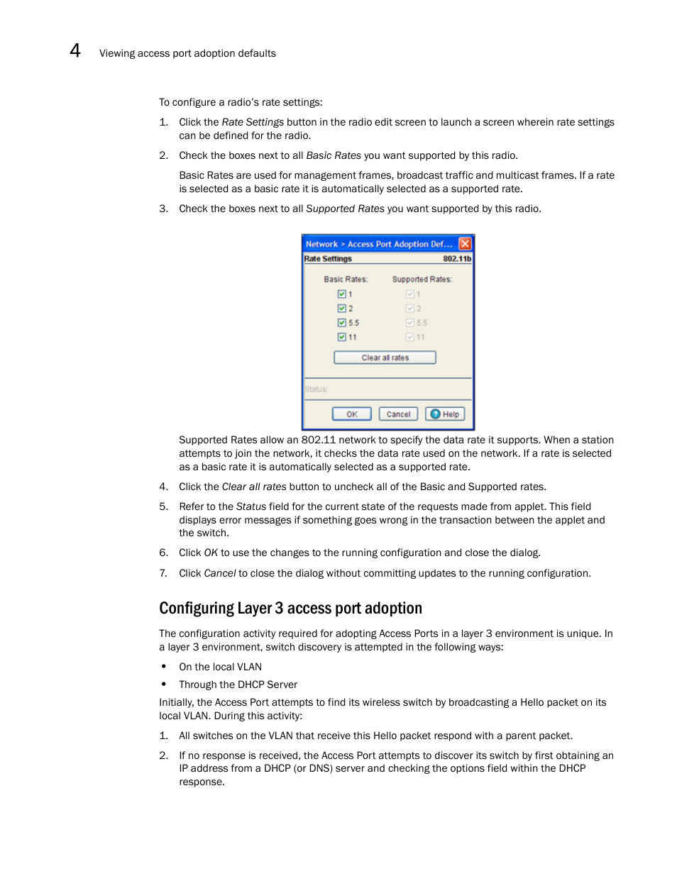 Configuring layer 3 access port adoption, Configuring layer 3, Access port adoption | Brocade Mobility RFS7000-GR Controller System Reference Guide (Supporting software release 4.1.0.0-040GR and later) User Manual | Page 220 / 556