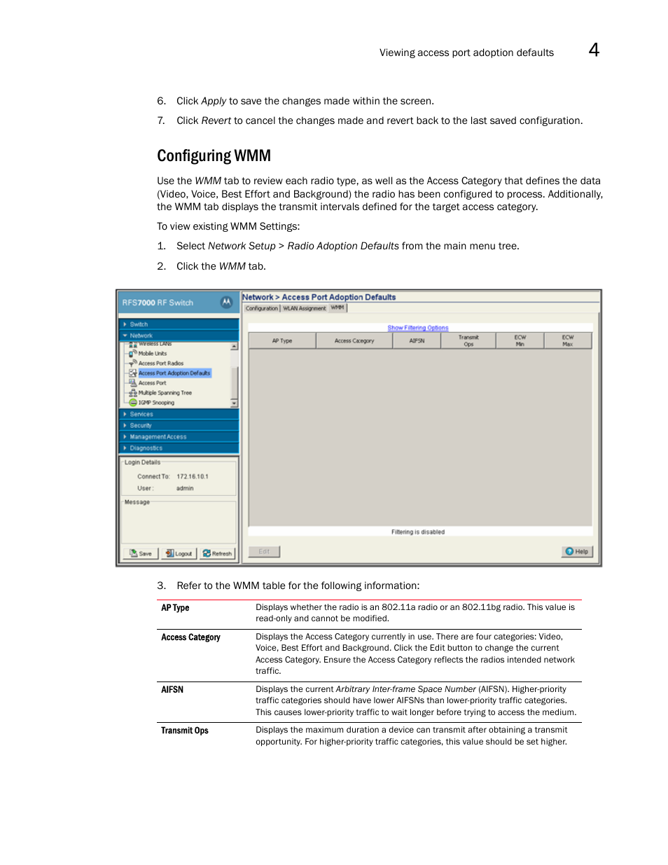 Configuring wmm | Brocade Mobility RFS7000-GR Controller System Reference Guide (Supporting software release 4.1.0.0-040GR and later) User Manual | Page 223 / 556