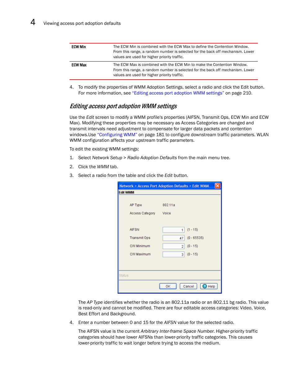 Editing access port adoption wmm settings | Brocade Mobility RFS7000-GR Controller System Reference Guide (Supporting software release 4.1.0.0-040GR and later) User Manual | Page 224 / 556