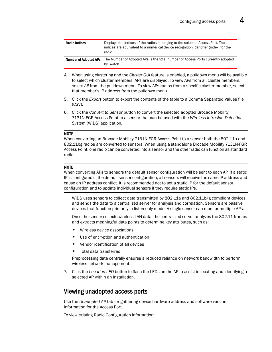 Viewing unadopted access ports | Brocade Mobility RFS7000-GR Controller System Reference Guide (Supporting software release 4.1.0.0-040GR and later) User Manual | Page 227 / 556