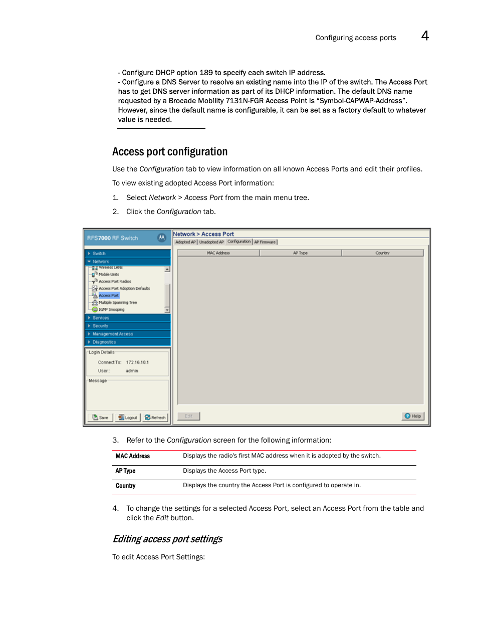 Access port configuration, Editing access port settings | Brocade Mobility RFS7000-GR Controller System Reference Guide (Supporting software release 4.1.0.0-040GR and later) User Manual | Page 229 / 556