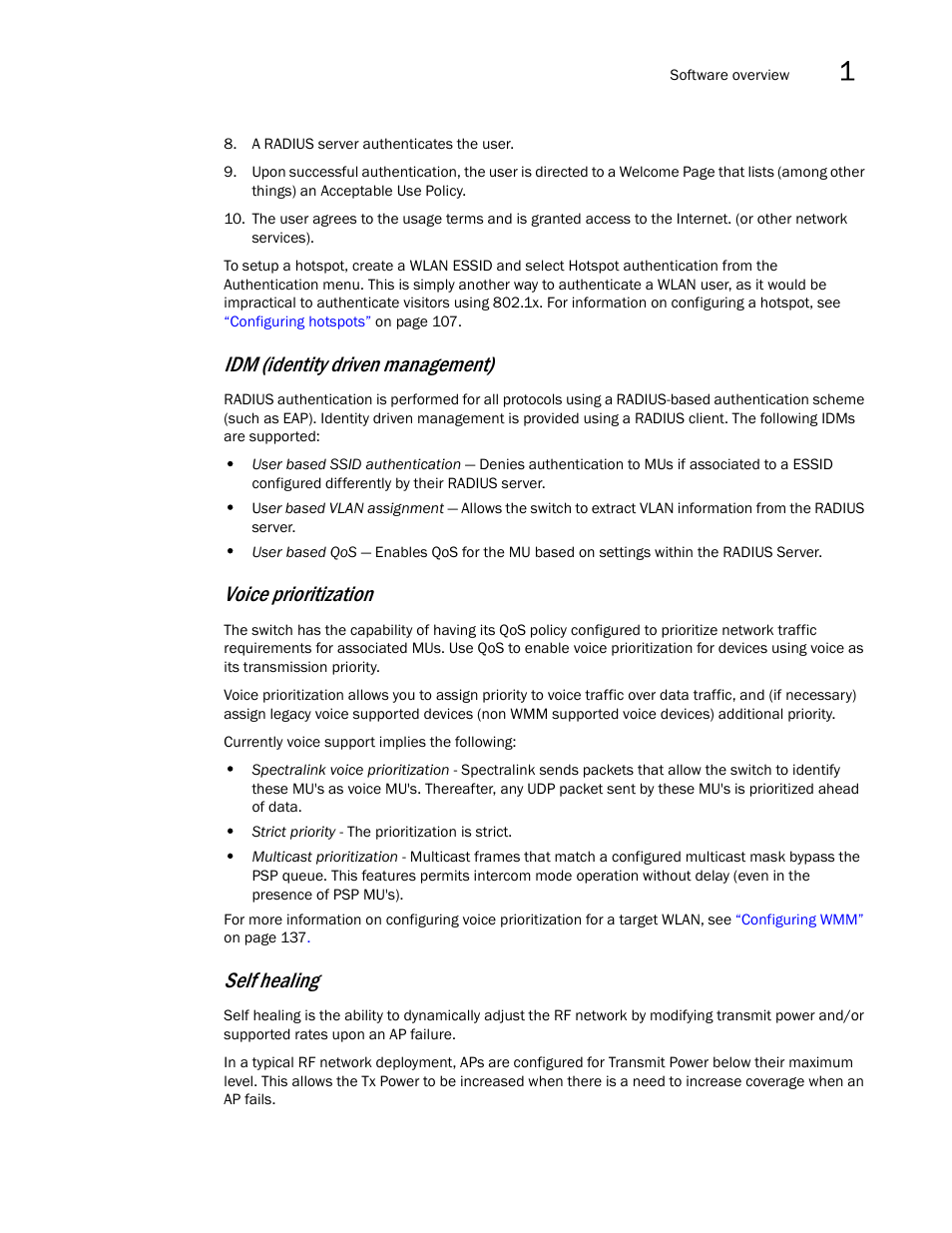 Idm (identity driven management), Voice prioritization, Self healing | Brocade Mobility RFS7000-GR Controller System Reference Guide (Supporting software release 4.1.0.0-040GR and later) User Manual | Page 23 / 556