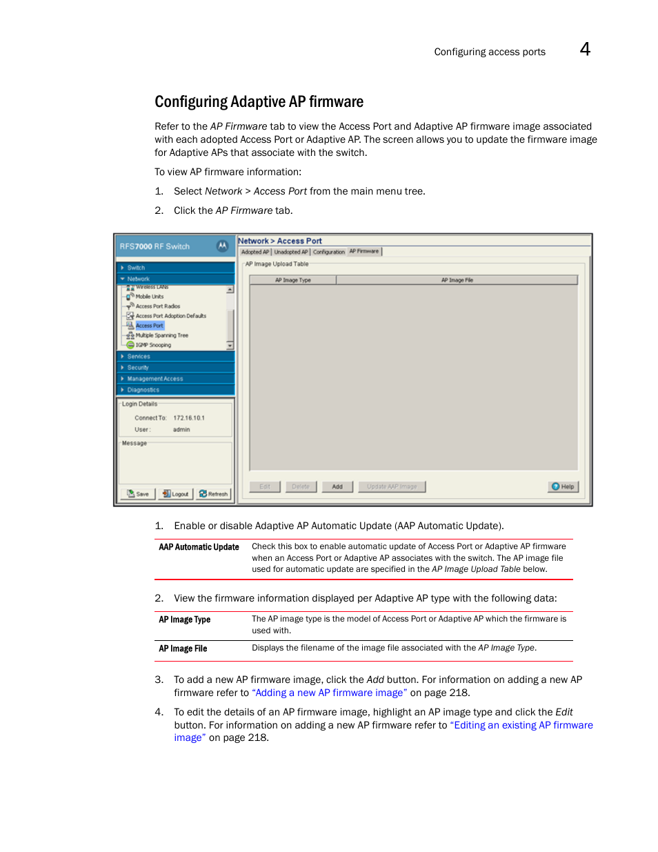 Configuring adaptive ap firmware | Brocade Mobility RFS7000-GR Controller System Reference Guide (Supporting software release 4.1.0.0-040GR and later) User Manual | Page 231 / 556