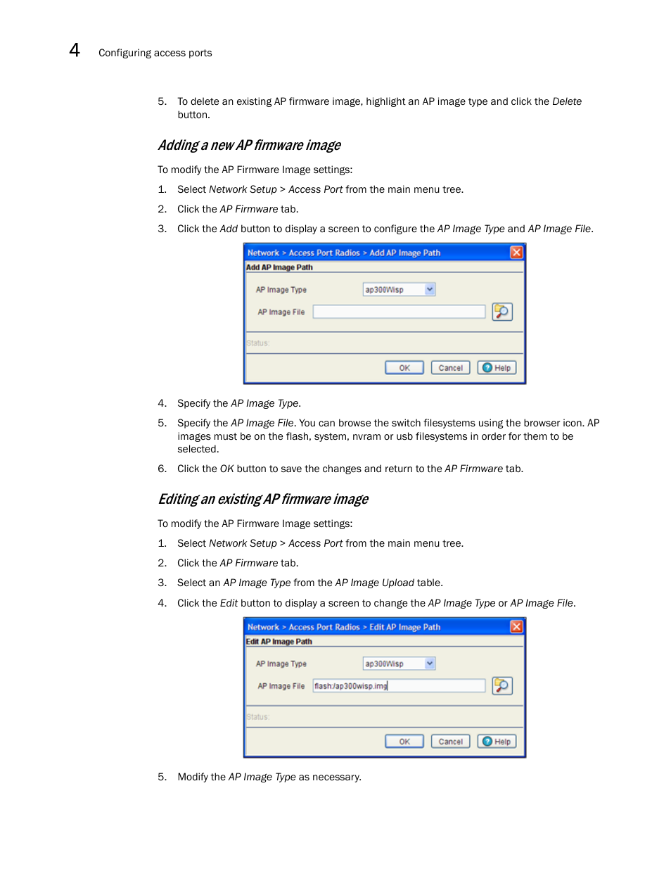 Adding a new ap firmware image, Editing an existing ap firmware, Image | Editing an existing ap firmware image | Brocade Mobility RFS7000-GR Controller System Reference Guide (Supporting software release 4.1.0.0-040GR and later) User Manual | Page 232 / 556