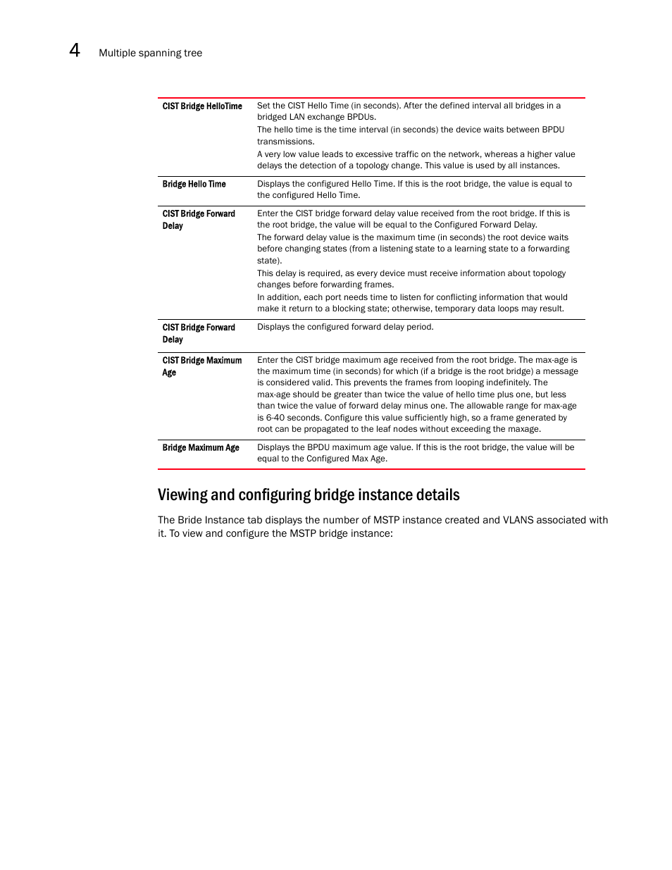 Viewing and configuring bridge instance details | Brocade Mobility RFS7000-GR Controller System Reference Guide (Supporting software release 4.1.0.0-040GR and later) User Manual | Page 236 / 556