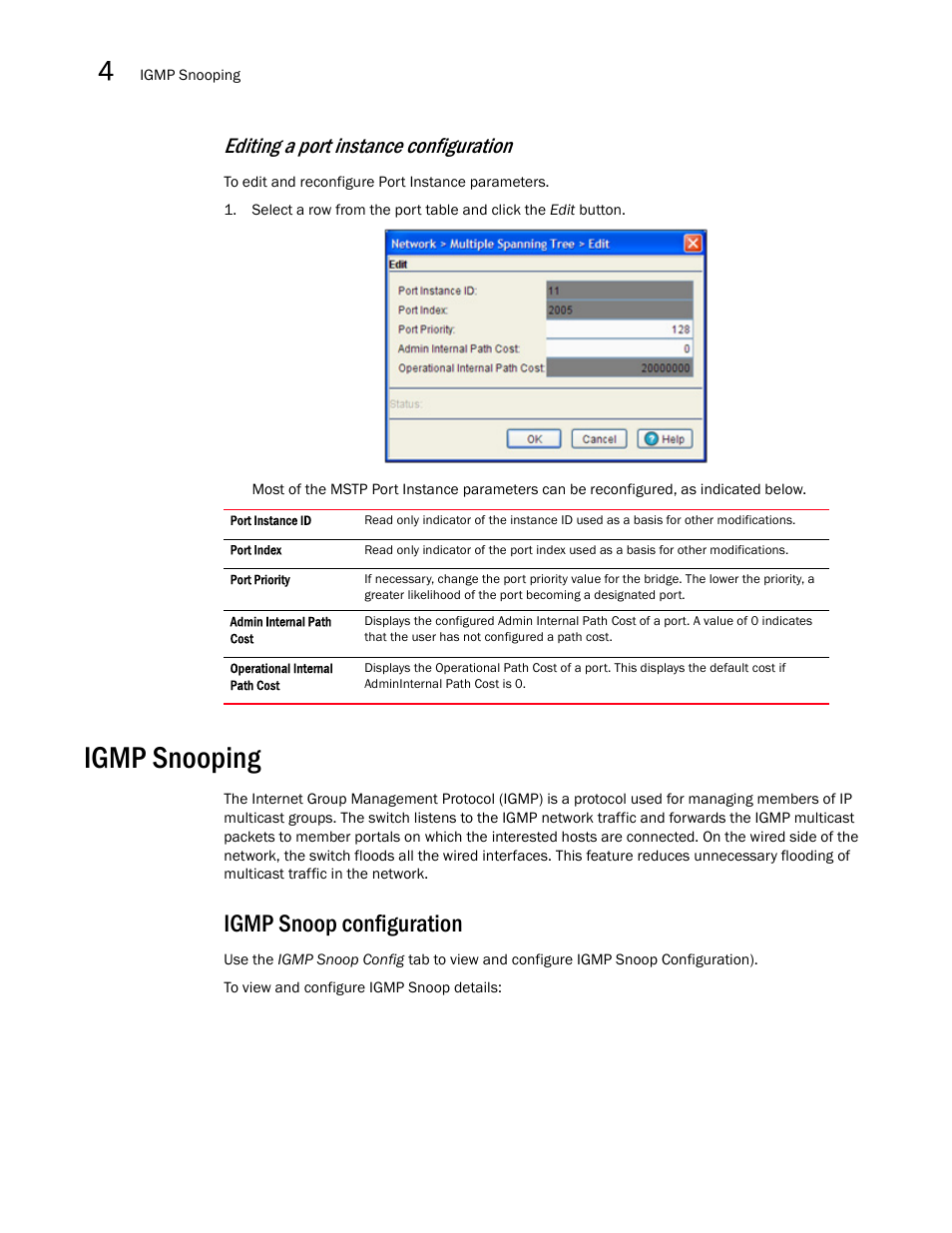 Igmp snooping, Igmp snoop configuration, Editing a port instance configuration | Brocade Mobility RFS7000-GR Controller System Reference Guide (Supporting software release 4.1.0.0-040GR and later) User Manual | Page 244 / 556