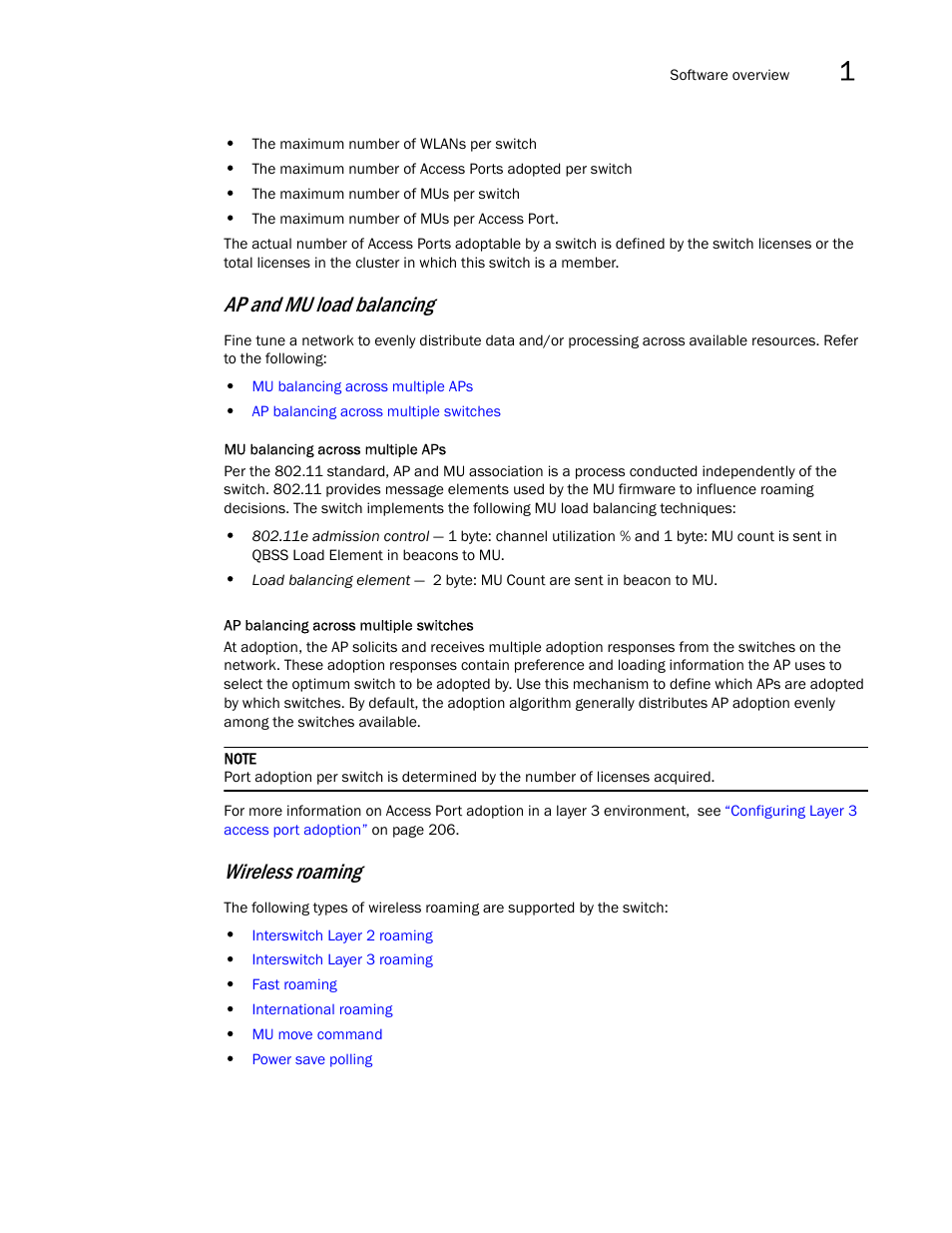 Ap and mu load balancing, Wireless roaming | Brocade Mobility RFS7000-GR Controller System Reference Guide (Supporting software release 4.1.0.0-040GR and later) User Manual | Page 25 / 556