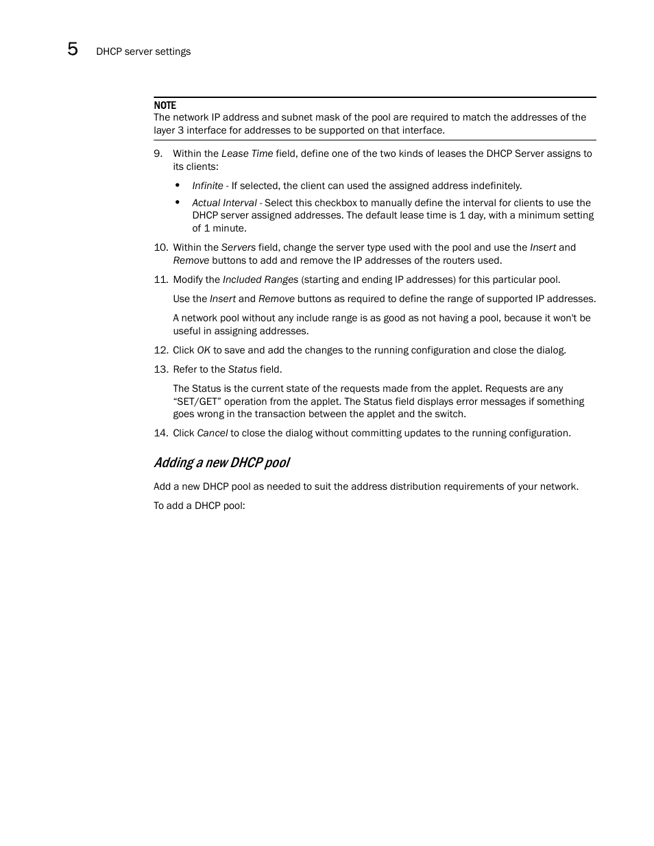 Adding a new, Dhcp pool, Adding a new dhcp pool | Brocade Mobility RFS7000-GR Controller System Reference Guide (Supporting software release 4.1.0.0-040GR and later) User Manual | Page 254 / 556