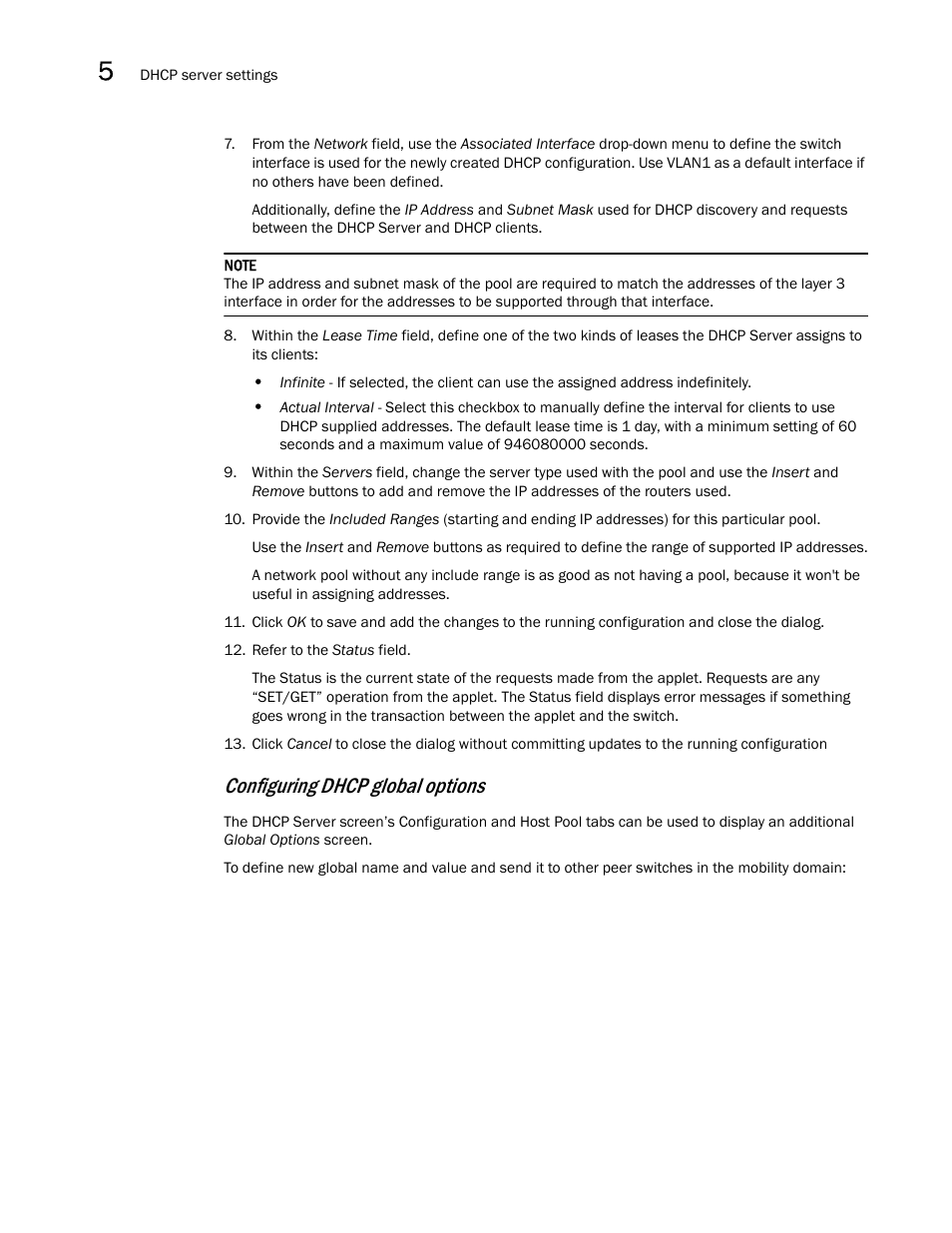 Configuring dhcp global options | Brocade Mobility RFS7000-GR Controller System Reference Guide (Supporting software release 4.1.0.0-040GR and later) User Manual | Page 256 / 556