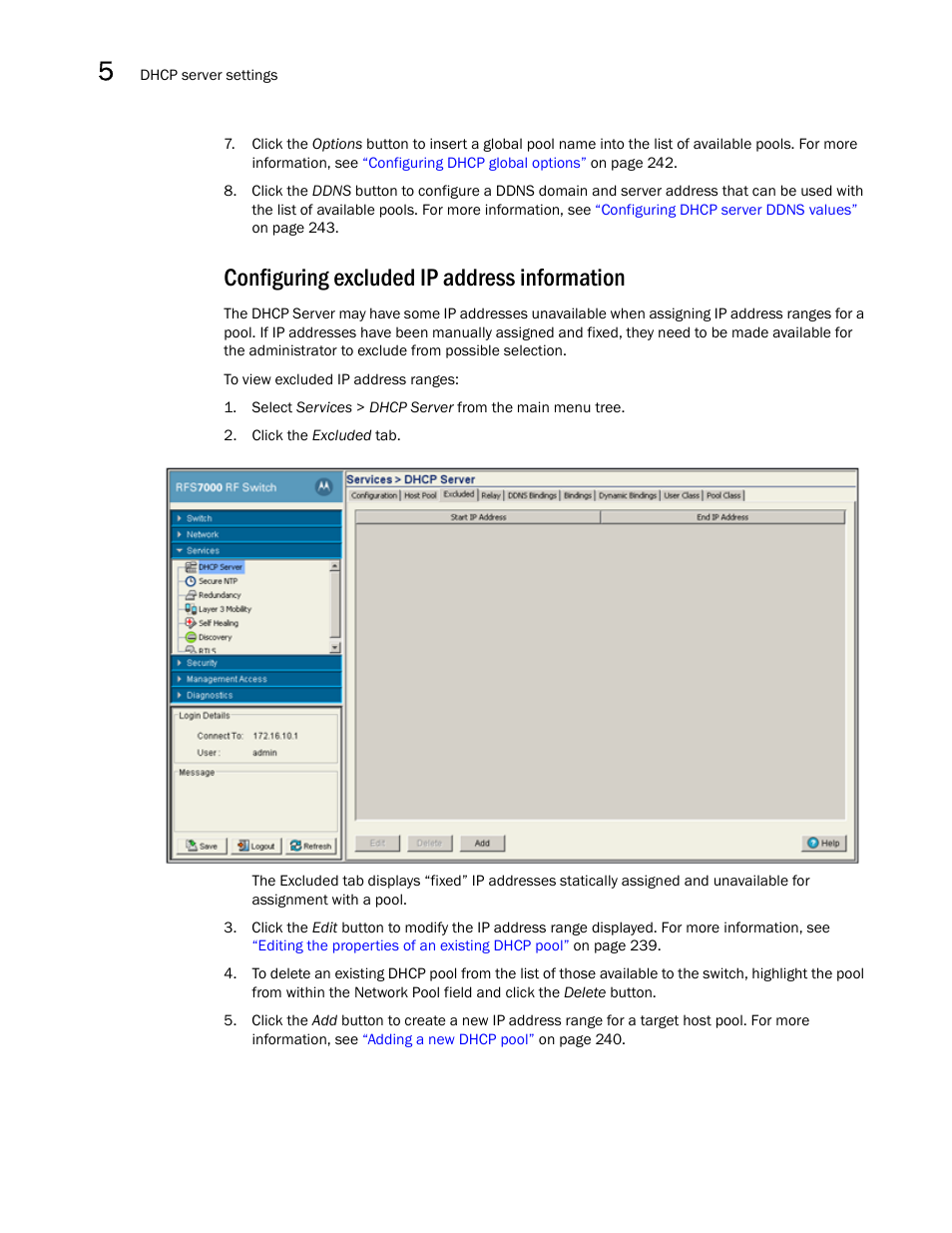 Configuring excluded ip address information | Brocade Mobility RFS7000-GR Controller System Reference Guide (Supporting software release 4.1.0.0-040GR and later) User Manual | Page 260 / 556