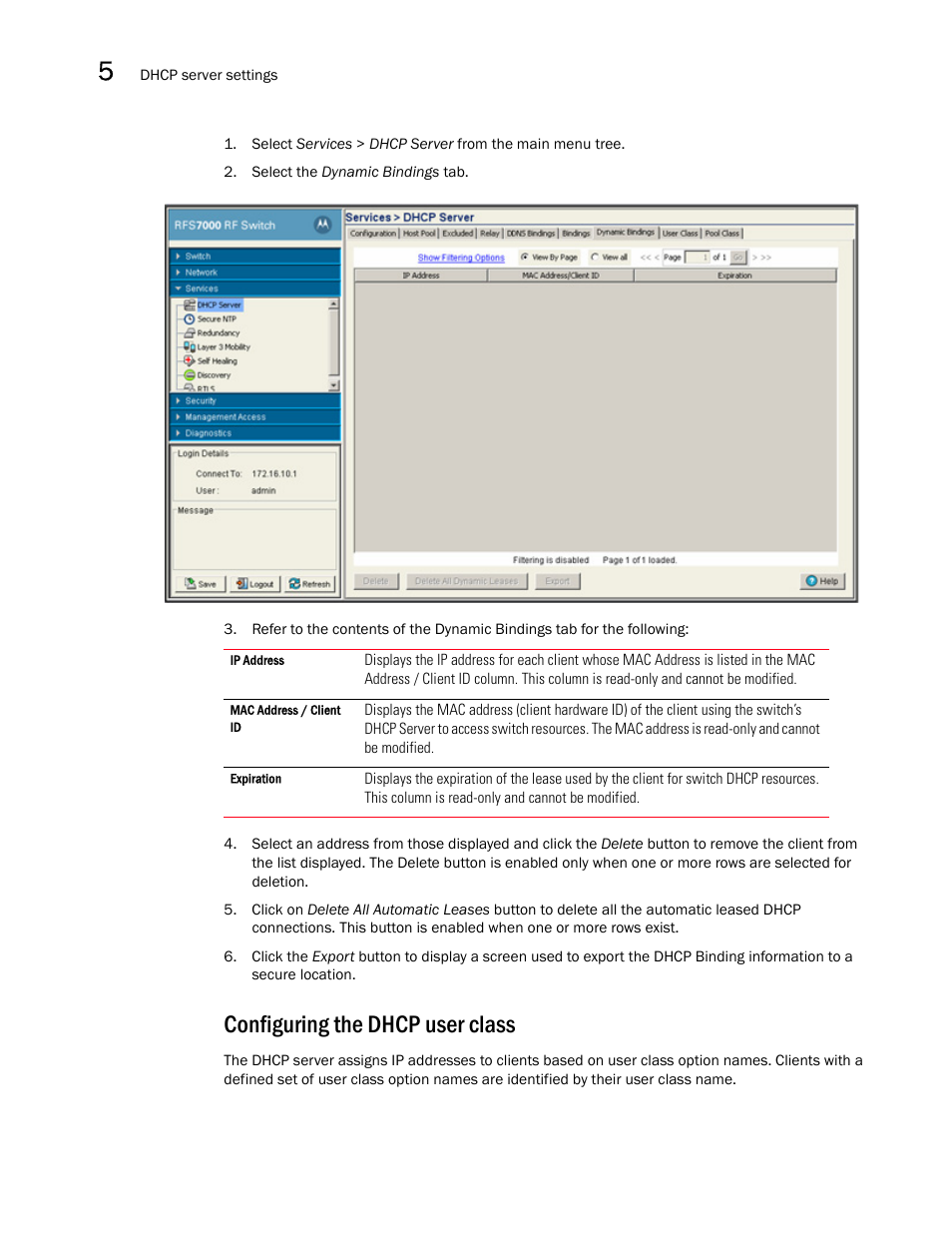 Configuring the dhcp user class, Configuring the dhcp user, Class | Brocade Mobility RFS7000-GR Controller System Reference Guide (Supporting software release 4.1.0.0-040GR and later) User Manual | Page 266 / 556