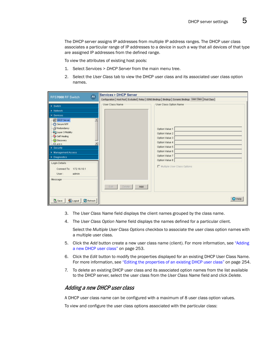 Adding a new dhcp user class | Brocade Mobility RFS7000-GR Controller System Reference Guide (Supporting software release 4.1.0.0-040GR and later) User Manual | Page 267 / 556