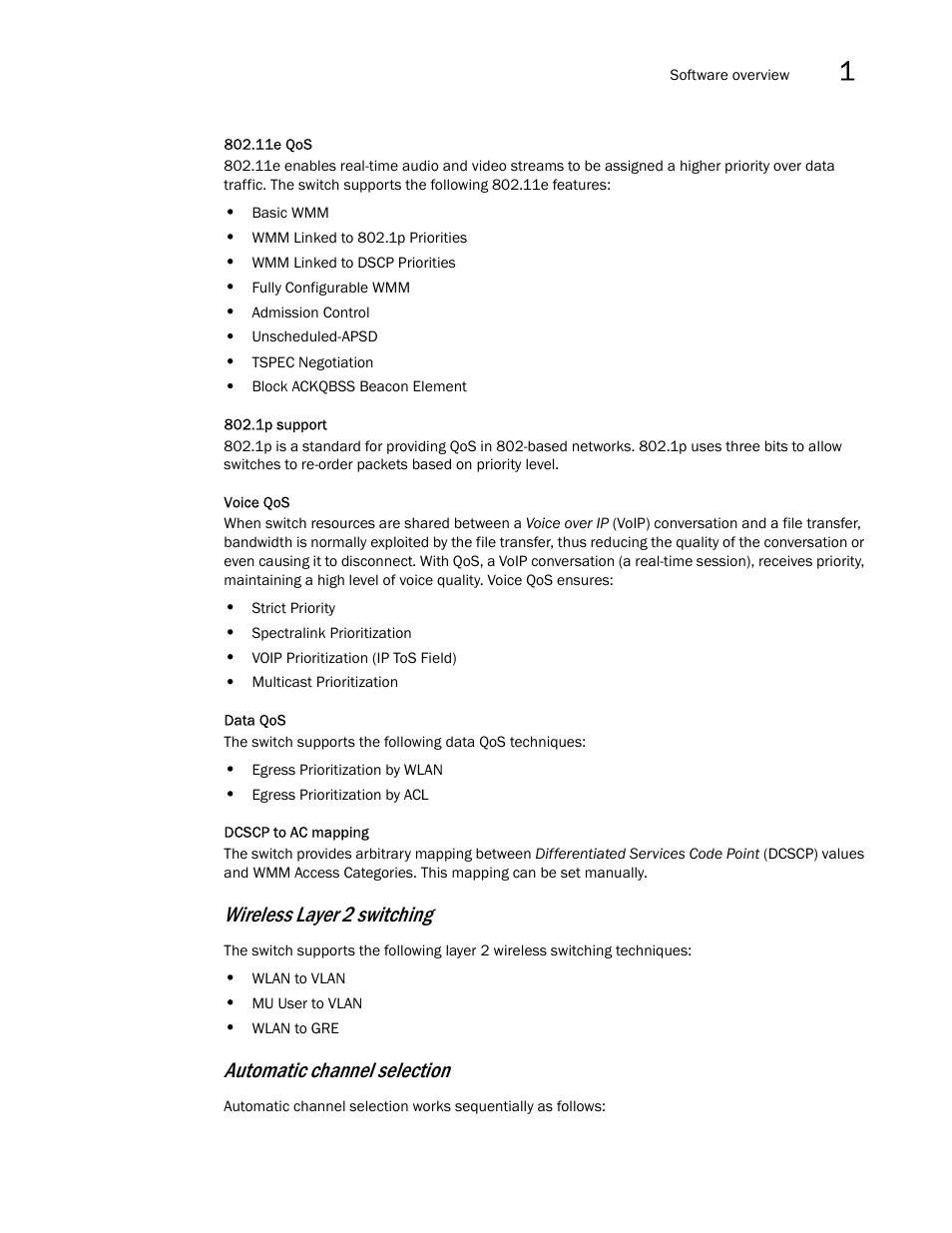 Wireless layer 2 switching, Automatic channel selection | Brocade Mobility RFS7000-GR Controller System Reference Guide (Supporting software release 4.1.0.0-040GR and later) User Manual | Page 27 / 556