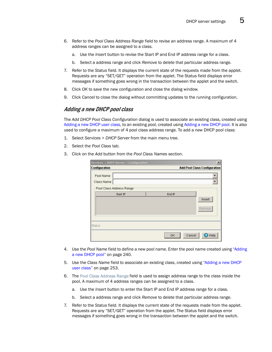 Adding a new, Dhcp pool class, Adding a new dhcp pool class | Brocade Mobility RFS7000-GR Controller System Reference Guide (Supporting software release 4.1.0.0-040GR and later) User Manual | Page 271 / 556