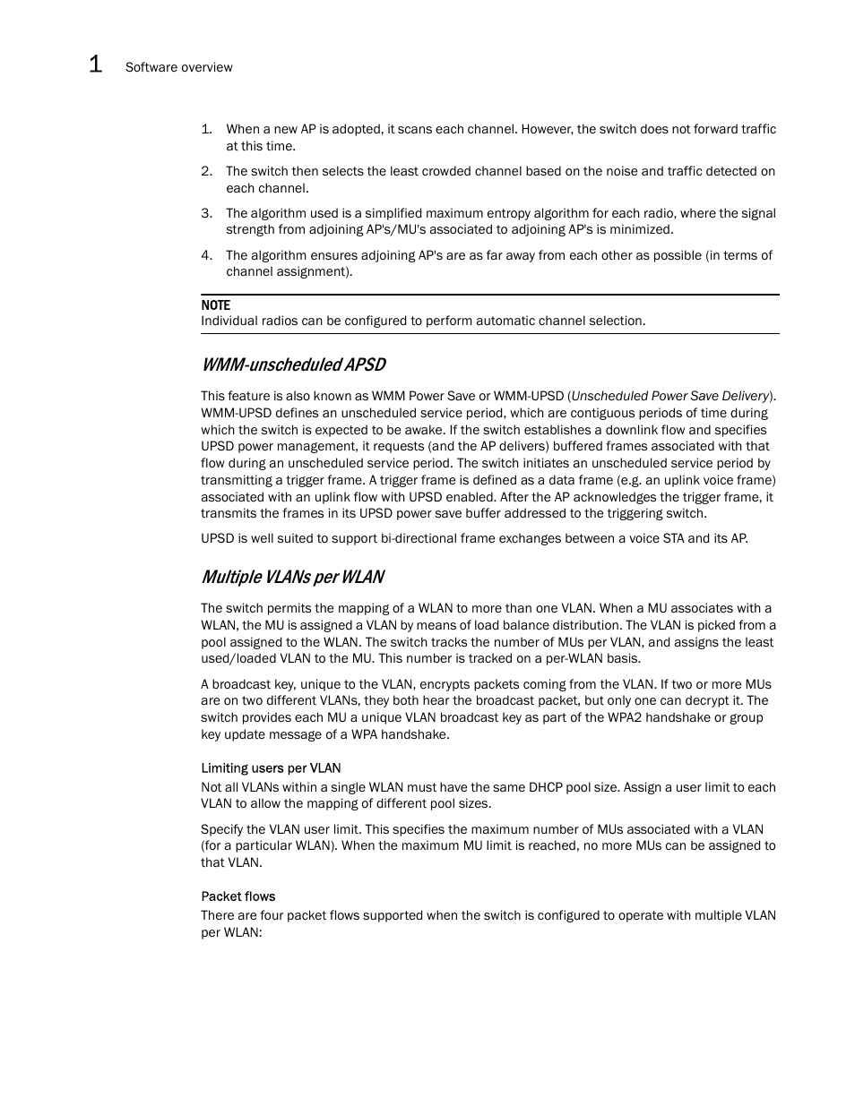 Wmm-unscheduled apsd, Multiple vlans per wlan | Brocade Mobility RFS7000-GR Controller System Reference Guide (Supporting software release 4.1.0.0-040GR and later) User Manual | Page 28 / 556