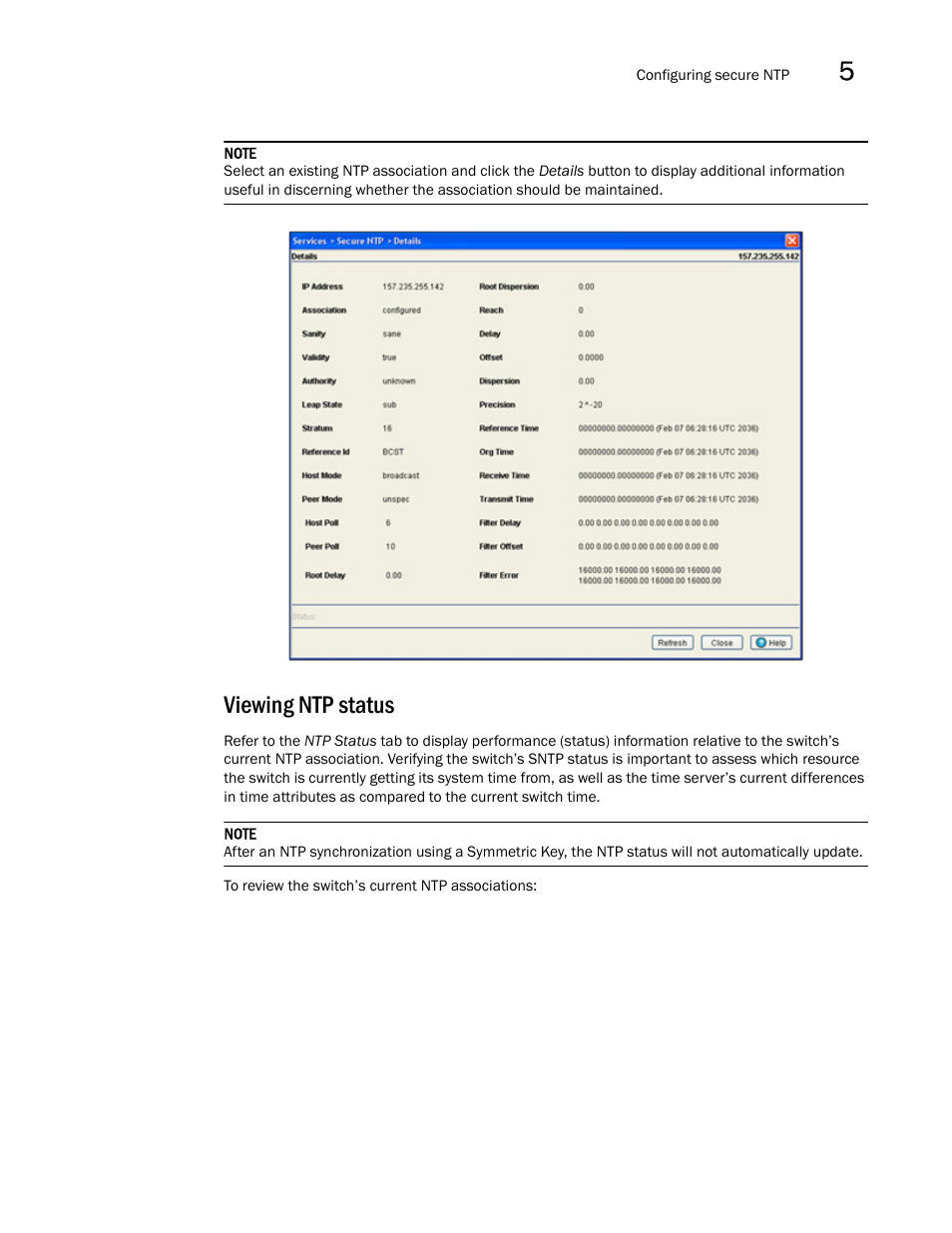 Viewing ntp status | Brocade Mobility RFS7000-GR Controller System Reference Guide (Supporting software release 4.1.0.0-040GR and later) User Manual | Page 281 / 556