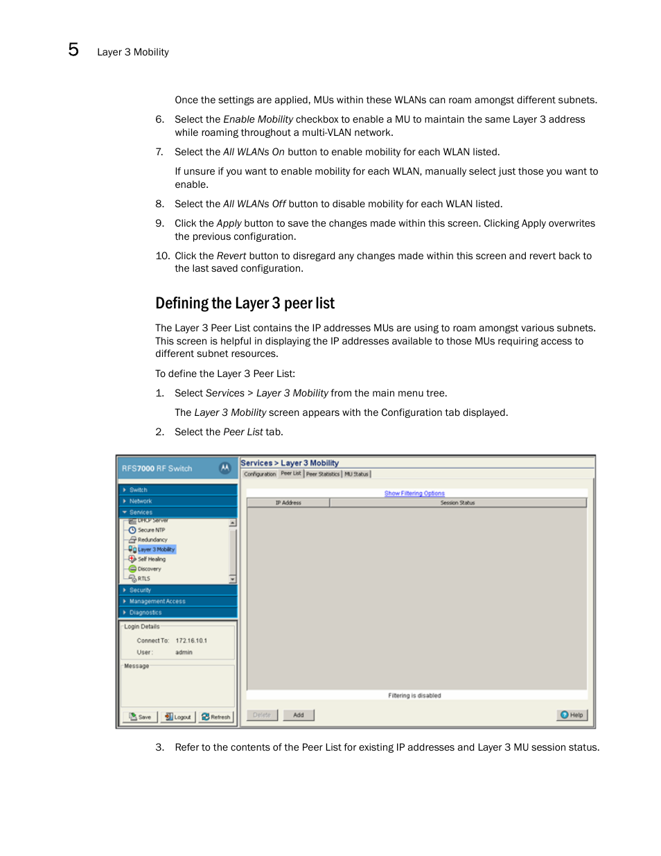 Defining the layer 3 peer list | Brocade Mobility RFS7000-GR Controller System Reference Guide (Supporting software release 4.1.0.0-040GR and later) User Manual | Page 298 / 556