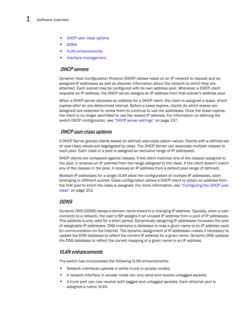 Dhcp servers, Dhcp user class options, Ddns | Vlan enhancements | Brocade Mobility RFS7000-GR Controller System Reference Guide (Supporting software release 4.1.0.0-040GR and later) User Manual | Page 30 / 556